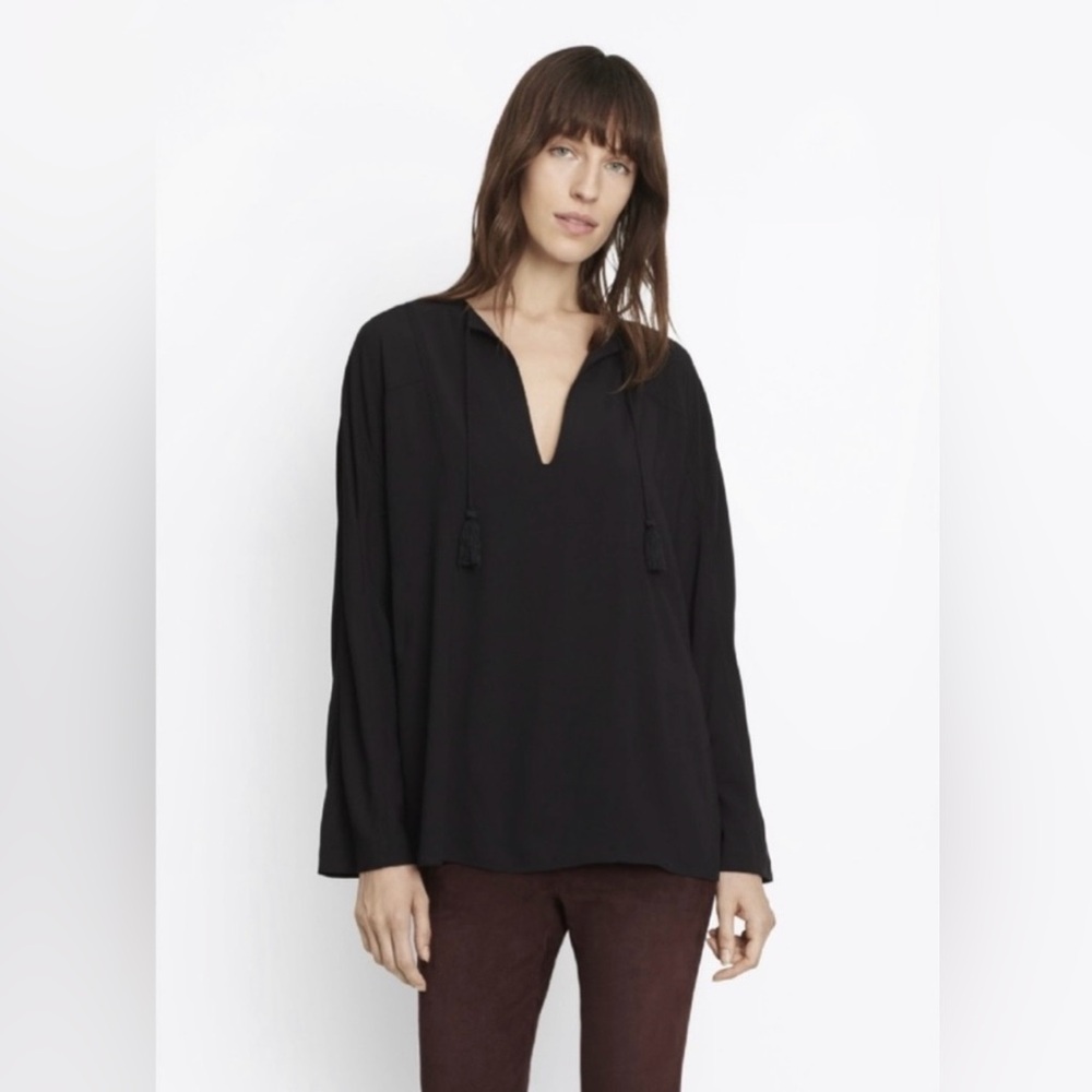 Vince Black Drapey Tassel Festival Top Minimalist Boxy‎ Quiet Luxury Office